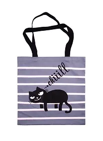 Купить Сумка-шоппер Черный котик на полосках Chill (серая) (текстиль) (40х32/35) (СК2020-53) — Фото №1