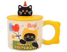 Купить Кружка с крышкой Котик Happy Birthday (желтая) (керамика) (400мл) (12-34466-GD8009) — Фото №1