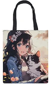 Купить Сумка-шоппер на молнии Аниме Девушка с котенком (38х35) (текстиль, флис) Bookvalno — Фото №1