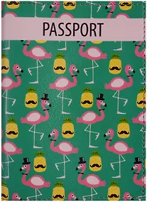 Купить Обложка для паспорта Фламинго и ананас с усами (кожа) (ПВХ бокс) (ОК2017-12) — Фото №1