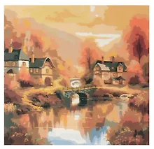 Купить Холст с красками по номерам "Домики у ручья" 40х40 см, 30 цветов — Фото №1
