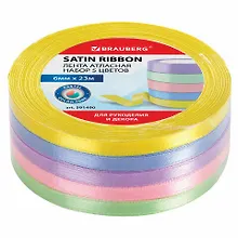 Купить Лента атласная ширина 6 мм, ПАСТЕЛЬ набор 5 цветов по 23 м, BRAUBERG, 591490 — Фото №1