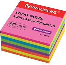 Купить Блок бумаги 76*76мм самоклеящийся 400л 8цв неон, BRAUBERG — Фото №1
