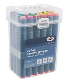Купить Маркеры для скетчинга 24цв "Студия" осн.цвета, двухсторонние, трехгранные, пулевид./клиновид. наконечники, пласт.кейс, ГАММА — Фото №1
