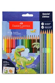 Купить Карандаши цветные "Dinosaur", 18 цв. + 3 цв. металл. + 3 цв. неон. + наклейки, заточен., к/к, блист., Faber-Castell — Фото №1