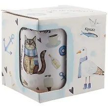 Купить Кружка СПб "Вам привет из Петербурга" (кот в синем шарфе) (керамика) (330мл) (коробка) — Фото №1