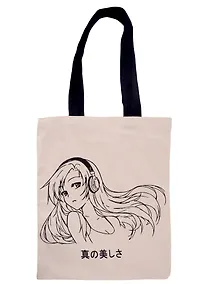 Купить Сумка-шоппер Аниме Девушка в наушниках (Дзё) (бежевая) (текстиль) (40х32) — Фото №1