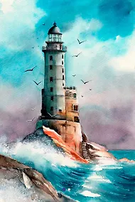 Купить Алмазная мозаика (классическая) с подрамником, с полным заполнением "Серый маяк", 17 х 22 см — Фото №1