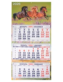 Купить Календарь квартальный 2026г 310*680 "Год Лошади. Вид 5" настенный, трёхблочный, спираль — Фото №1