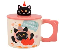 Купить Кружка с крышкой Котик Happy Birthday (розовая) (керамика) (400мл) (12-34466-GD8007) — Фото №1