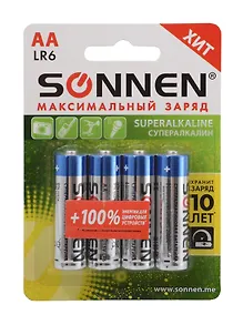 Купить Батарейки КОМПЛЕКТ 4 шт., SONNEN Super Alkaline, АА (LR6,15А), алкалиновые, пальчиковые, блистер, 451094 — Фото №1