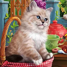 Купить Алмазная мозаика "Котик в корзине", 20 х 20 см, 28 цветов, Рыжий Кот — Фото №1