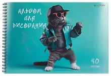 Купить Альбом для рисования 40л А4 "Кот на стиле" гребень, мел.картон, печать по металлиз.пленке "серебро", твин-лак — Фото №1