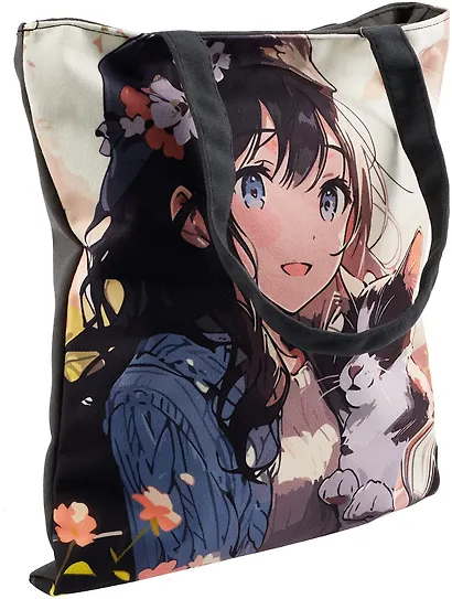 Сумка-шоппер на молнии Аниме Девушка с котенком (38х35) (текстиль, флис) Bookvalno - фото 3