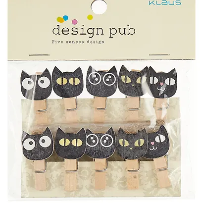 Прищепки декоративные с веревкой 10 шт. Котики черные мордочки - фото 1