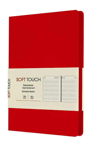 Ежедневник недат. А6+ 136л "SOFT TOUCH" новый красный, интегр.переплет, иск.кожа, тонир.блок, скругл.углы, цв.торец, ляссе - фото 1