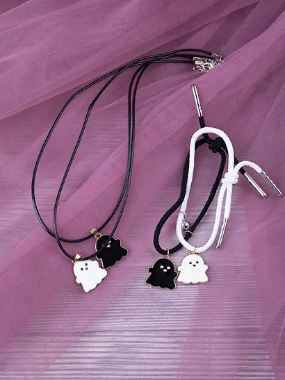 Набор парных браслетов и кулонов Привидения (Набор парных браслетов с подвеской Привидения+Набор парных кулонов Привидения) (текстиль, металл) - фото 6