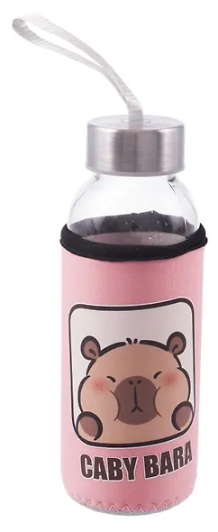 Бутылка в чехле Капибара (розовая) (стекло) (300 мл) - фото 3