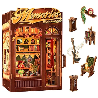 SD04 Конструктор интерьерный – сборный домик CuteBee - Музыкальный и книжный магазин "Воспоминания", 136 деталей (материалы: дерево, картон, пластик, металл), со световыми эффектами (подсветка интерьера), с питанием от 2хААА батареек (не включены), серия - фото 13