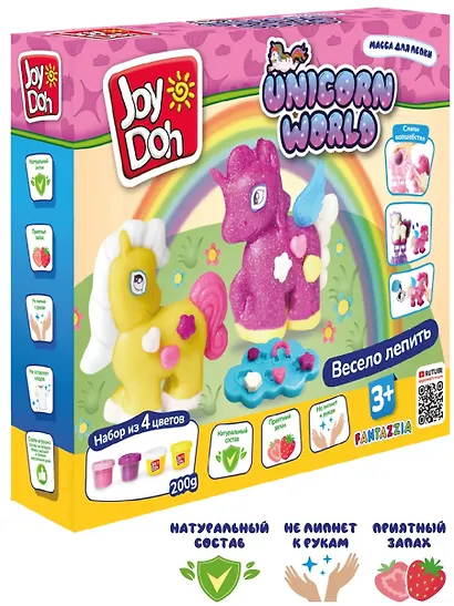Масса для лепки Joy Doh, набор UNICORN WORLD - Мир единорогов, 3D формы, украшения, 21 аксессуар, 4 баночки с тестом  с блестками, (4 х 50 грамм) - фото 2
