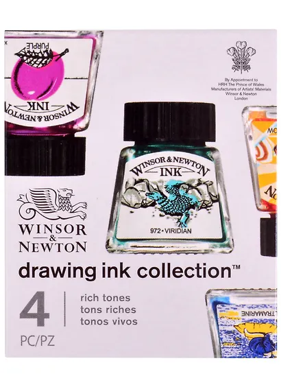 Тушь художественная 4 цв по 14мл (ультрамарин, пурпурный, желтый канареечный, виридиан), к/к, Winsor&Newton - фото 2