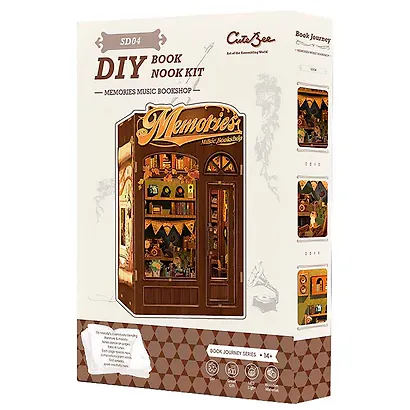 SD04 Конструктор интерьерный – сборный домик CuteBee - Музыкальный и книжный магазин "Воспоминания", 136 деталей (материалы: дерево, картон, пластик, металл), со световыми эффектами (подсветка интерьера), с питанием от 2хААА батареек (не включены), серия - фото 10