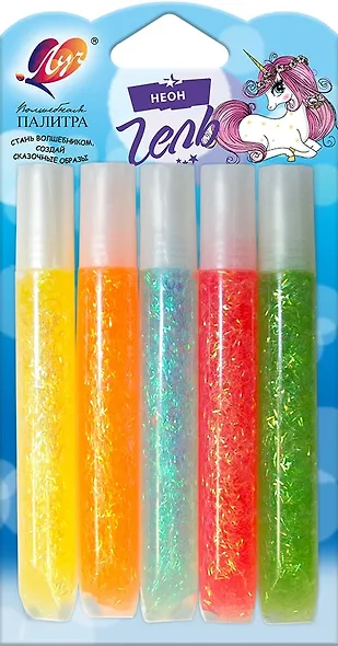 Гель "Неон" набор 5 цветов, 10 мл, 55 г, с блёстками, Луч - фото 2