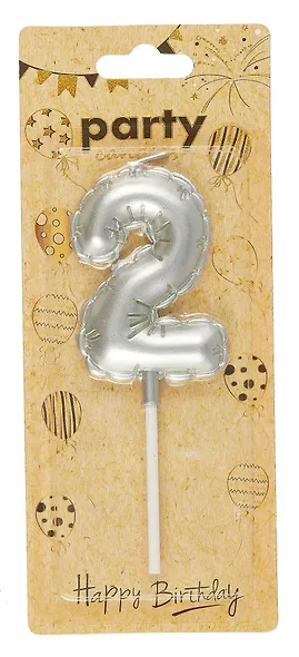 Свеча для торта Цифра 2 Воздушный шар (6см) (серебро) (блистер) - фото 1