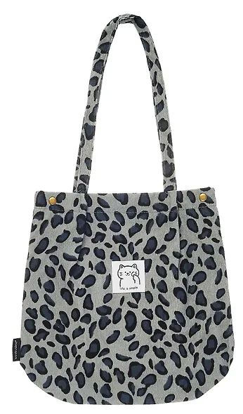 Сумка-шоппер с кнопкой Леопардовый принт (серая) (вельвет) (33х31) - фото 2
