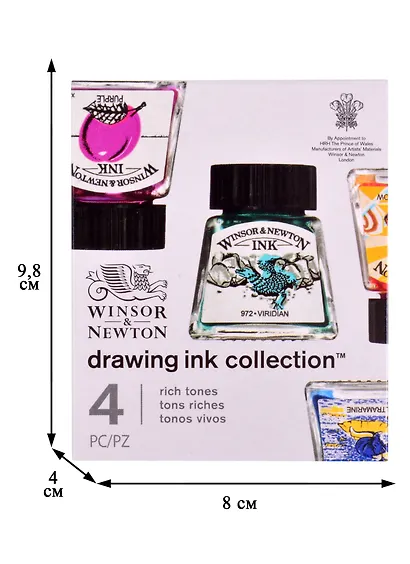 Тушь художественная 4 цв по 14мл (ультрамарин, пурпурный, желтый канареечный, виридиан), к/к, Winsor&Newton - фото 3