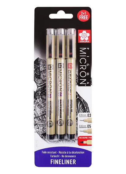 Набор капиллярных ручек Pigma Micron 3шт (0.35мм 0.45мм + graphic 1мм) , цвет черный, Sakura - фото 1