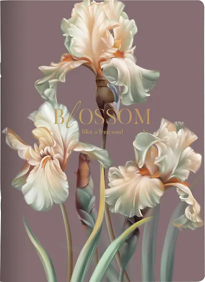 Тетрадь А4 48л кл. "Blossom", ирисы, темный, карт.обл., скрепка, ламинация, микротекстурирование, тиснение золотой фольгой - фото 1