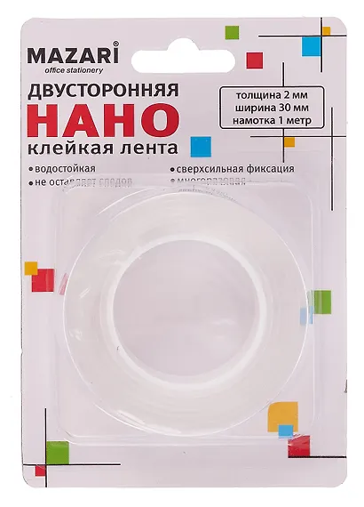 Лента клейкая двусторонняя прозрачная НАНО, намотка 1 м, ширина 30 мм, толщина 2 мм - фото 1