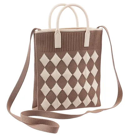 Сумочка вязаная с застежкой Ромбики (коричневая) (18х22х4) (текстиль) (12-YiHeng-182202) Bookvalno - фото 1