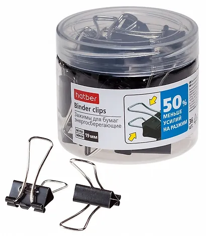 Зажимы для бумаг 19мм 36шт черные, пласт/уп, Hatber - фото 1
