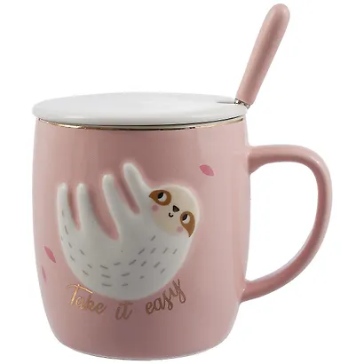Кружка с крышкой и ложкой Ленивец Take it easy (керамика) (380мл) (12-07160-9853) - фото 3