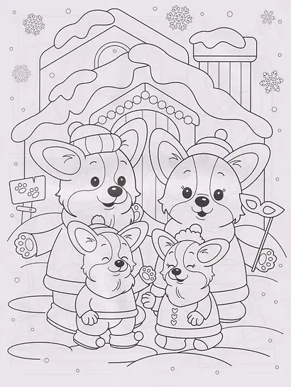 Корги и зимние истории: книжка-раскраска с наклейками - фото 2