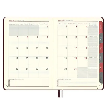 Ежедневник дат. 2026г. А5 176л "Тиволи глосс" бордовый, кожзам, тв.переплет, блинт.тиснение, офсет, справ.мат-лы, вырубка, закругл.углы, 2 ляссе, инд.уп - фото 9