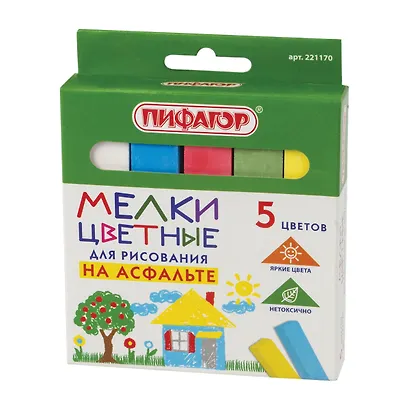 Мелки цветные 05цв асфальтные, квадратные, к/к, европодвес, Пифагор - фото 1