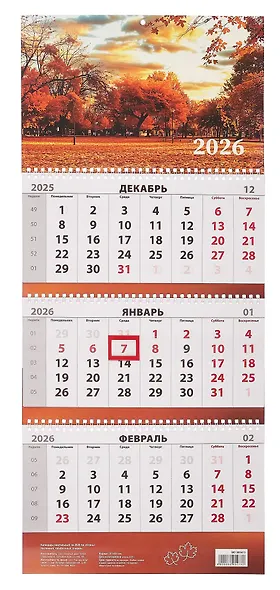 Календарь квартальный 2026г 297*695 "Осень" настенный, трёхблочный, спираль - фото 1