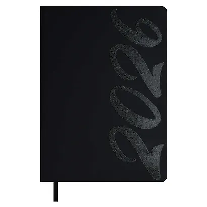 Ежедневник дат. 2026г. А5 176л "Софт-тач" черный, кожзам, тв.переплет, офсет, закругл.углы, ляссе, инд.уп - фото 1