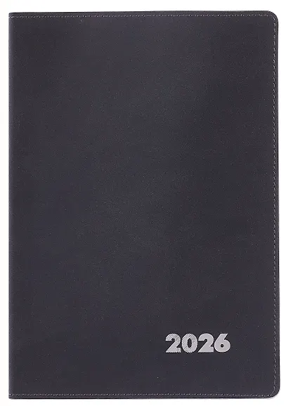 Еженедельник дат. 2026г. А5+ 80л "Нубук" черный, кожзам, мягк. переплет, тисн. фольгой, офсет, справ.мат-лы, закругл.углы, 2 ляссе, инд.уп - фото 1