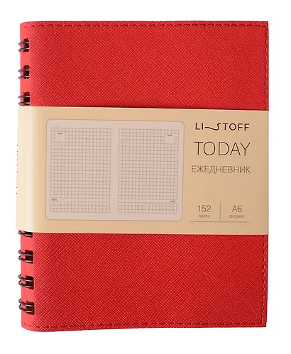 Ежедневник недат. А6 152л "Today" красный, иск.кожа, интегр.переплет, тонир.блок, евроспираль, инд.уп - фото 1