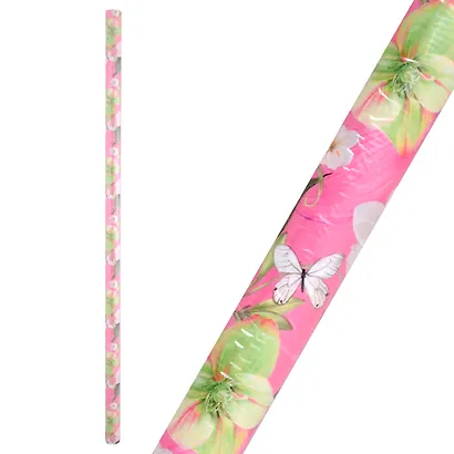 Бумага упаковочная 70*100см "Белые цветы на розовом" глянц., инд.уп. - фото 1