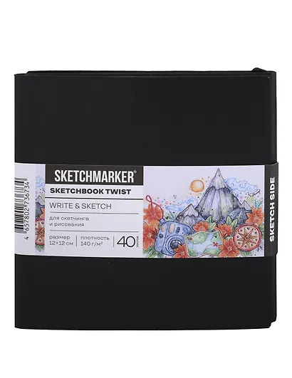 Скетчбук 12*12 40 л "Sketchmarker" Sketch&Write черный, 140г/м2, белая бумага + 60 л , 70г/м2, бумага в точку, мягк. обл. - фото 1