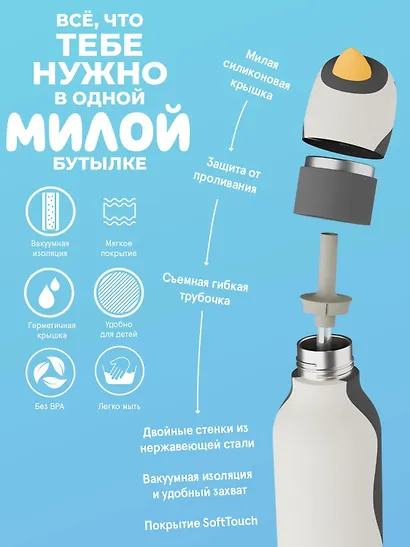 Бутылка для холодных и горячих напитков Asobu Bestie Пингвин (460 мл) (69760) - фото 5