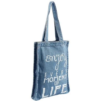 Сумка-шоппер джинсовая на молнии Enjoy every moment (40*33см) (светло-синий) - фото 2