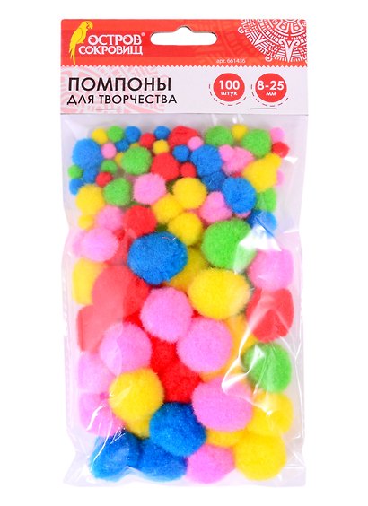 Помпоны для творчества ассорти (5 цв) (8 мм/15 мм/25 мм) (100шт) (661436) (3+) (упаковка) (Остров сокровищ) - фото 1