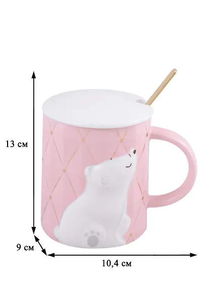 Кружка с крышкой и ложкой Белый медведь с закрытыми глазками (керамика) (420мл) (12-06641-758) - фото 2