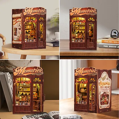 SD04 Конструктор интерьерный – сборный домик CuteBee - Музыкальный и книжный магазин "Воспоминания", 136 деталей (материалы: дерево, картон, пластик, металл), со световыми эффектами (подсветка интерьера), с питанием от 2хААА батареек (не включены), серия - фото 4